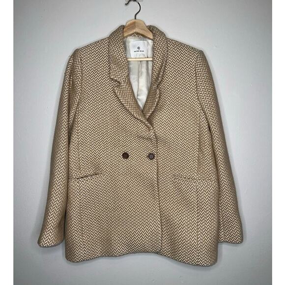 Anine Bing Oversized Fishbone Blazer Tan/White Herringbone Print Size Large - Picture 3 of 10